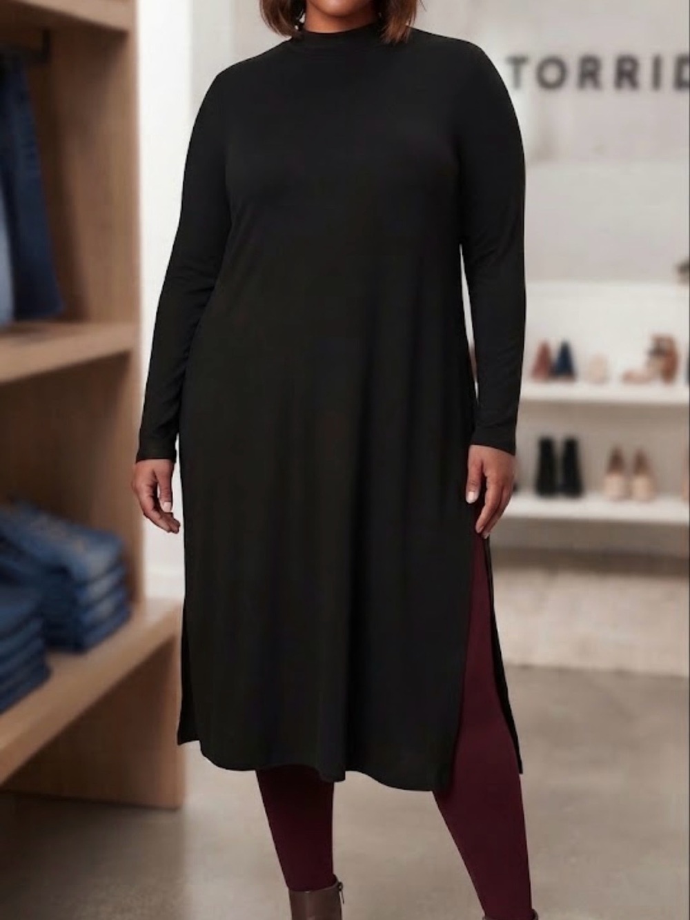 torrid NWT Mock neck Black Long Sleeve Midi Tunic w side slit